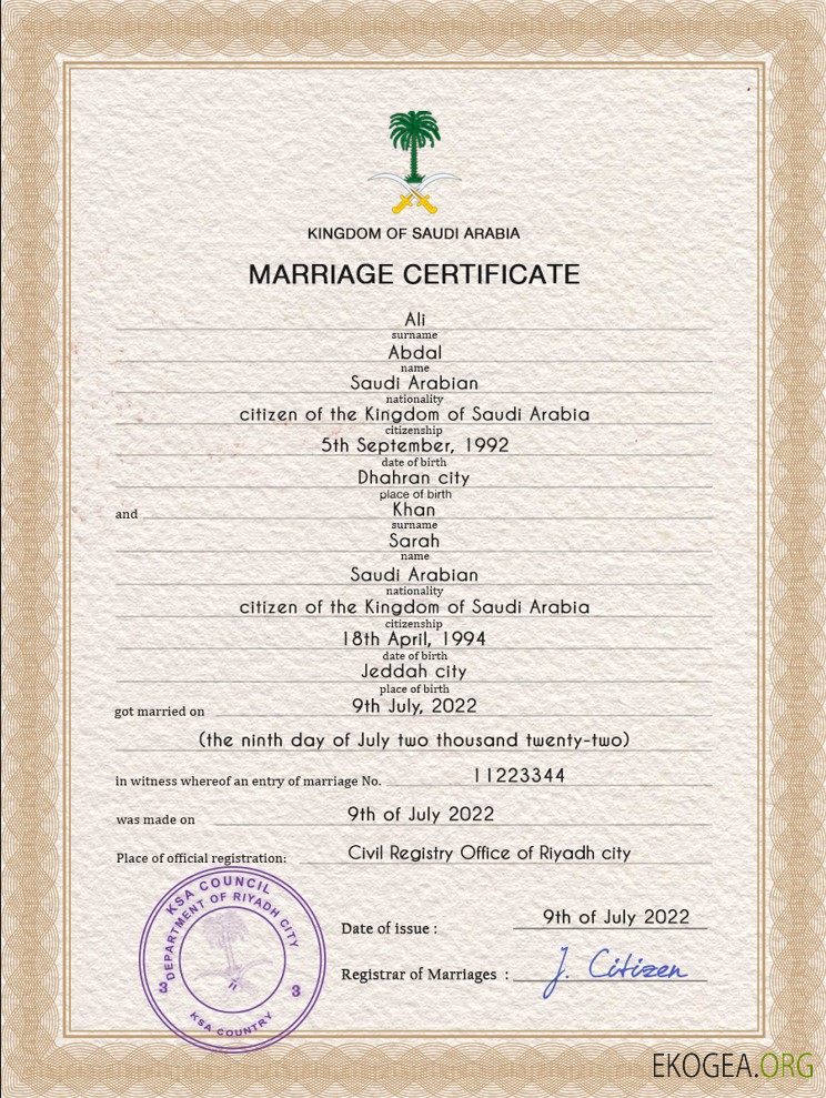 Modèle PSD de certificat de mariage en Arabie Saoudite